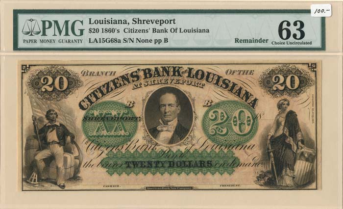 Citizens' Bank of Louisiana - PMG 63 Graded - Obsolete Banknote - Currency